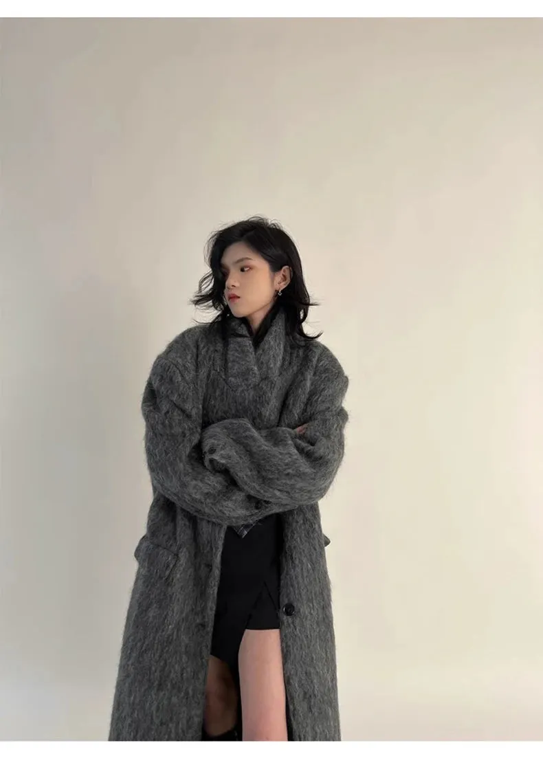 Oversized Extra Long Casual Warm Grey Woolen Fluffy Coat