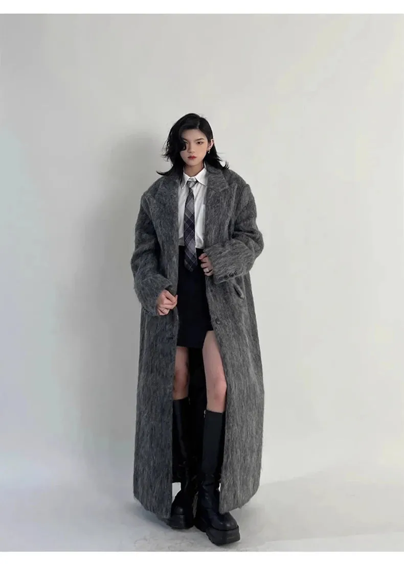 Oversized Extra Long Casual Warm Grey Woolen Fluffy Coat