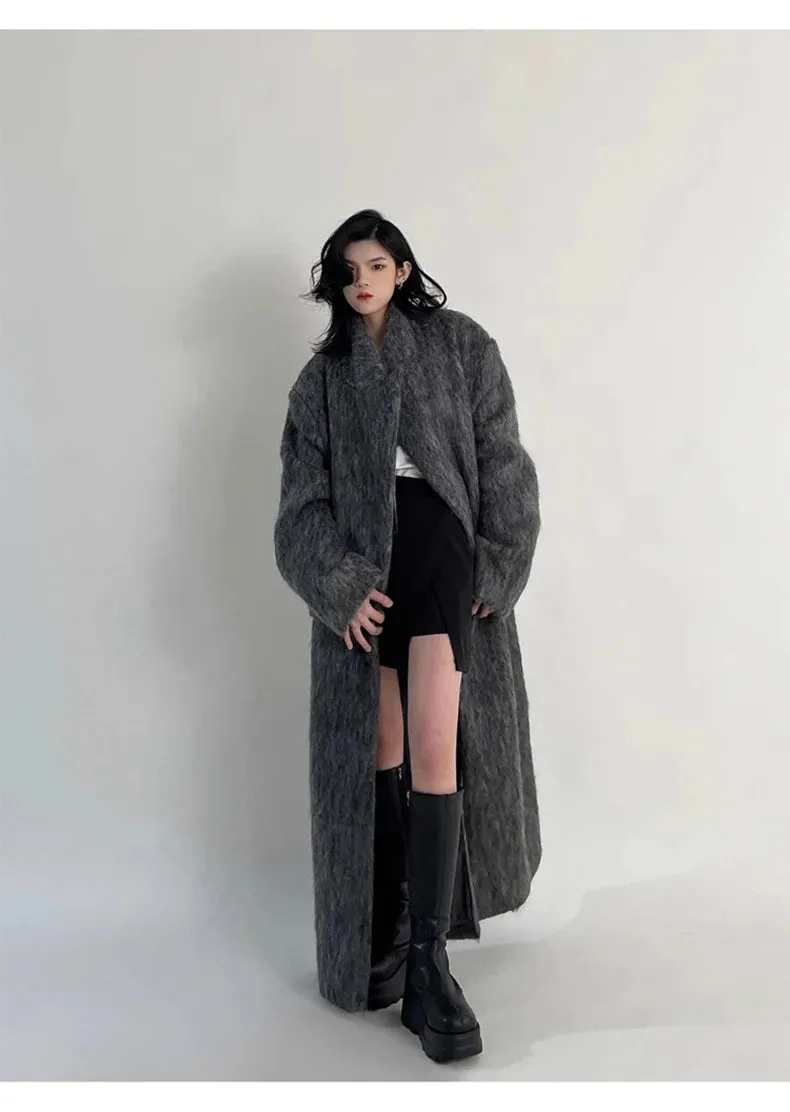 Oversized Extra Long Casual Warm Grey Woolen Fluffy Coat