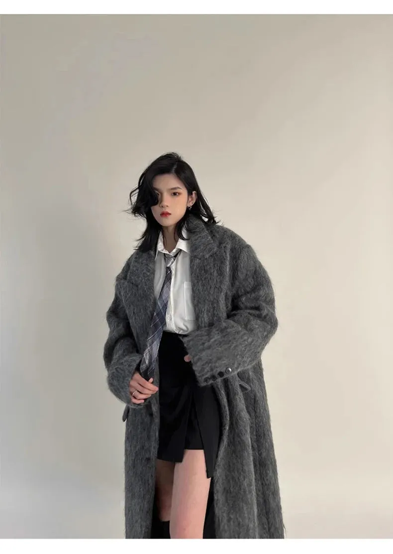 Oversized Extra Long Casual Warm Grey Woolen Fluffy Coat