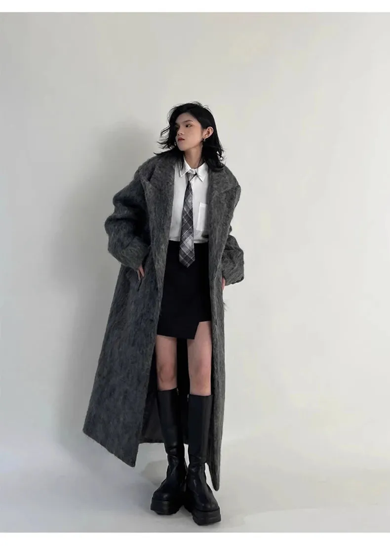 Oversized Extra Long Casual Warm Grey Woolen Fluffy Coat