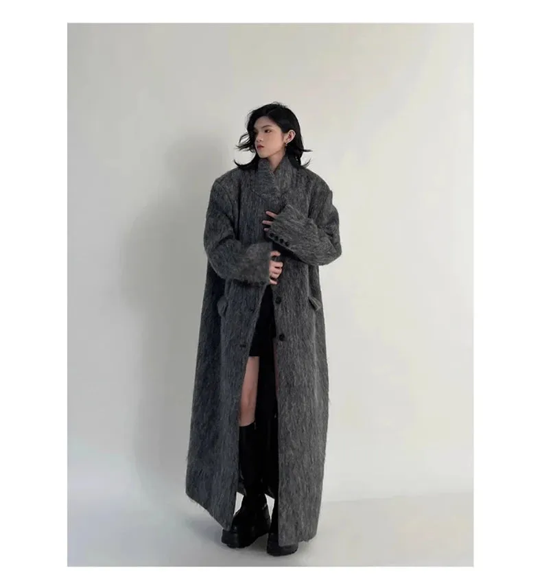 Oversized Extra Long Casual Warm Grey Woolen Fluffy Coat