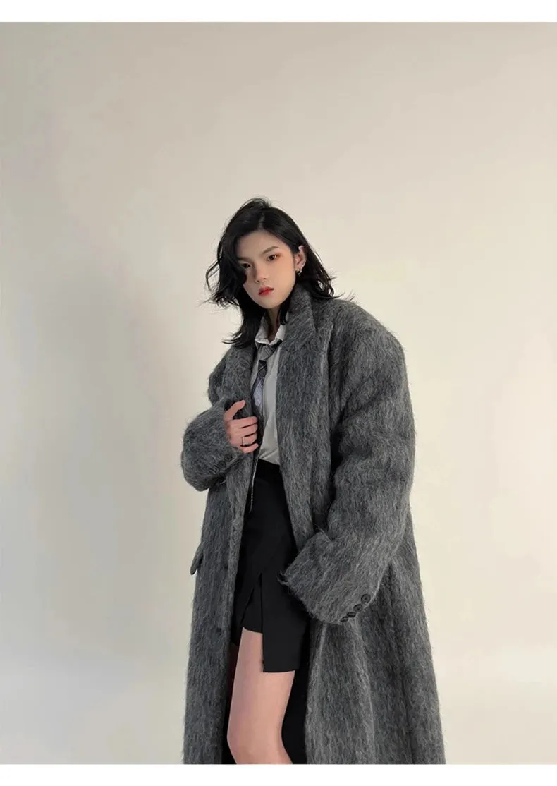 Oversized Extra Long Casual Warm Grey Woolen Fluffy Coat