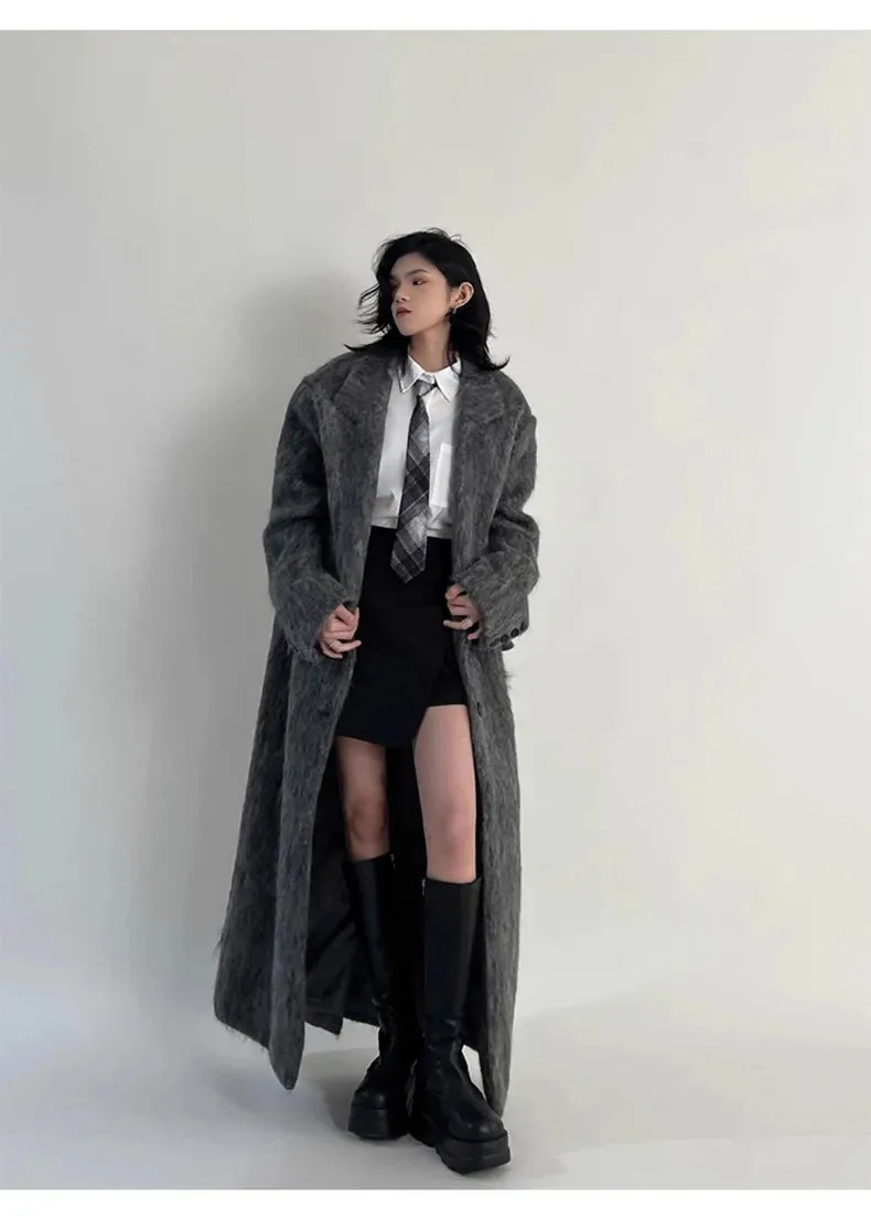 Oversized Extra Long Casual Warm Grey Woolen Fluffy Coat