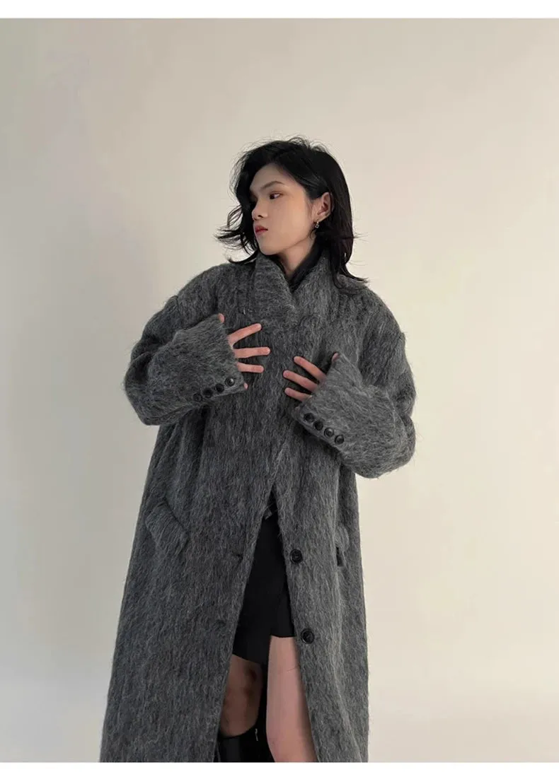 Oversized Extra Long Casual Warm Grey Woolen Fluffy Coat