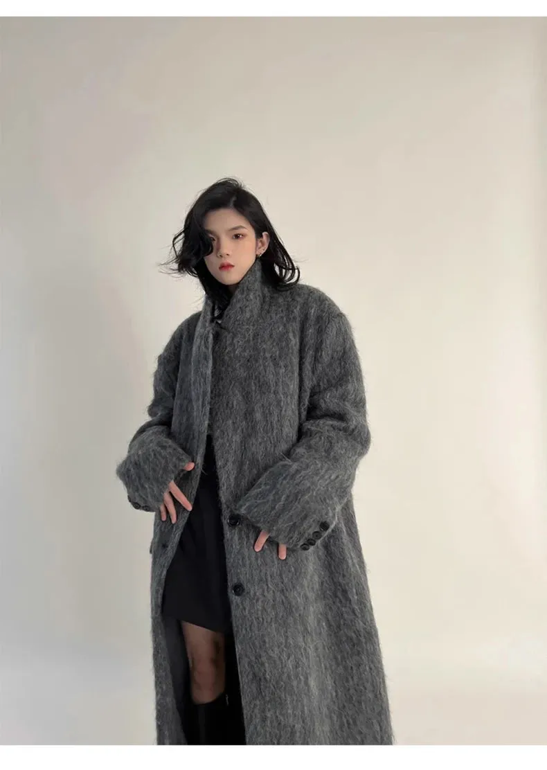 Oversized Extra Long Casual Warm Grey Woolen Fluffy Coat