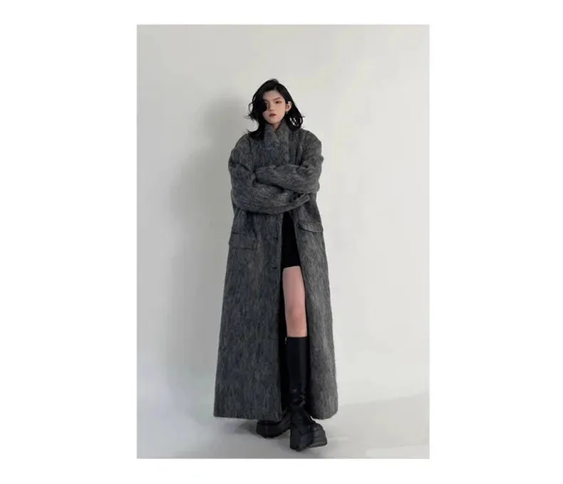 Oversized Extra Long Casual Warm Grey Woolen Fluffy Coat