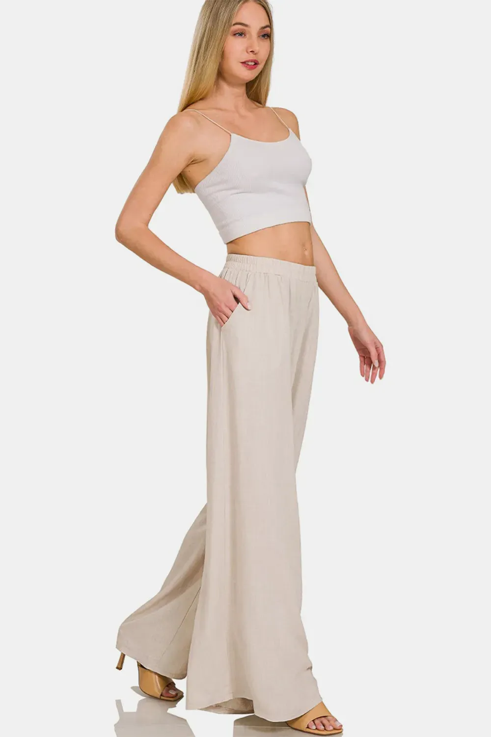 Pleated Linen Blend Wide Leg Pants