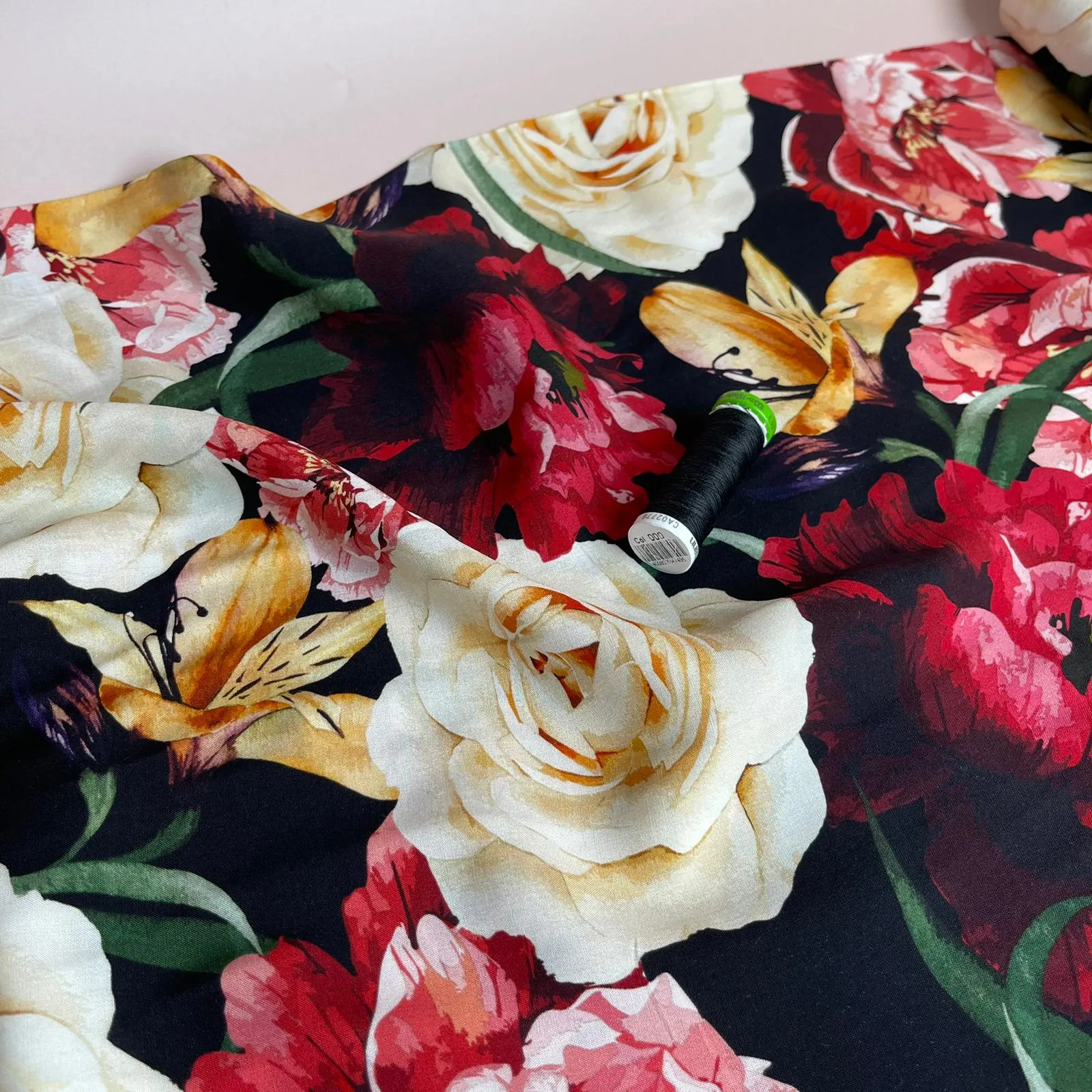 PRE-ORDER due by end of Jan 25 - Romance Flowers on Black Viscose Fabric