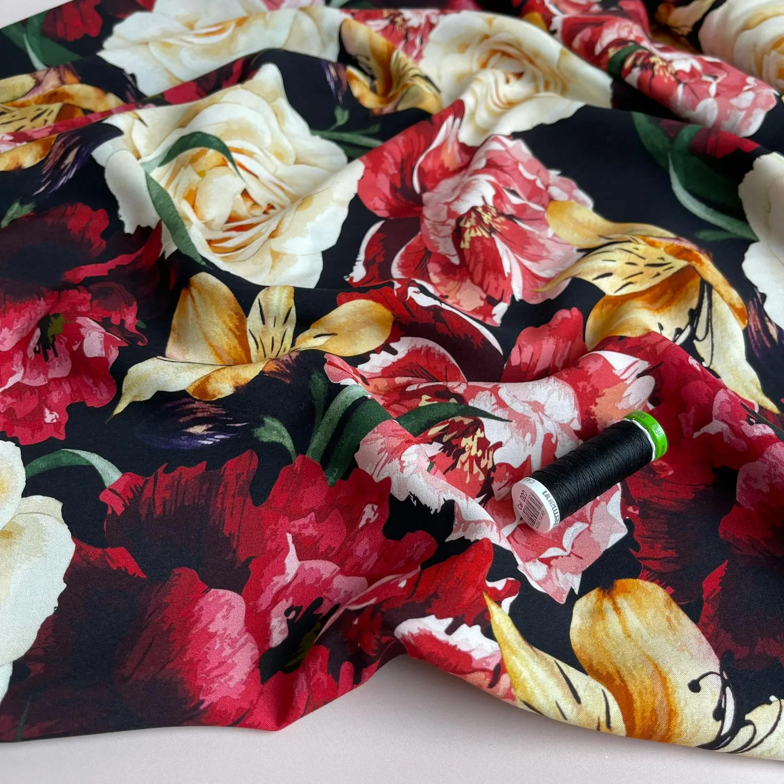 PRE-ORDER due by end of Jan 25 - Romance Flowers on Black Viscose Fabric