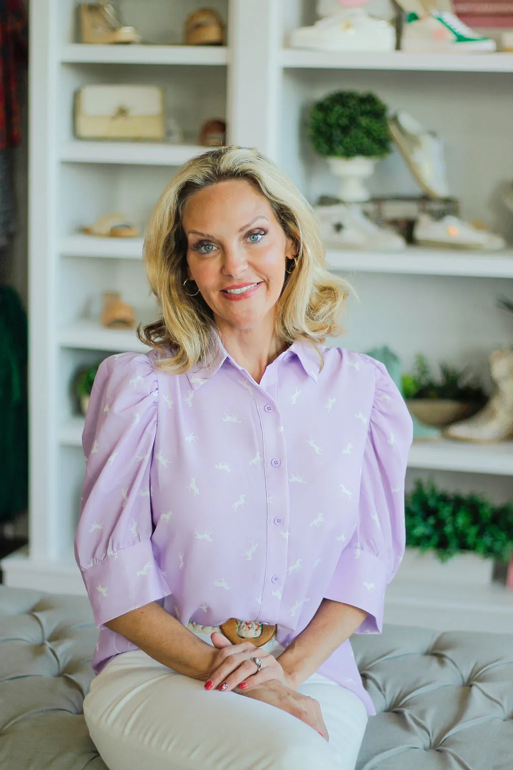 Puff Sleeve Horse Print Blouse in Lavender