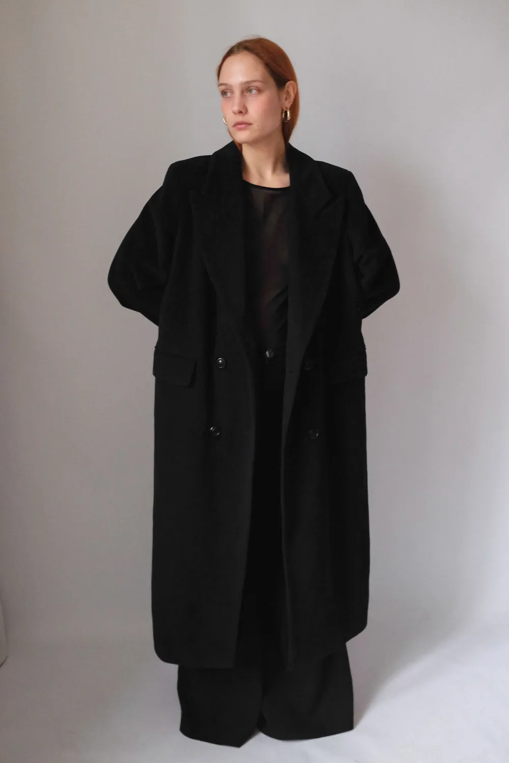 PURE CASHMERE WOOL BLACK LONG BLAZER COAT