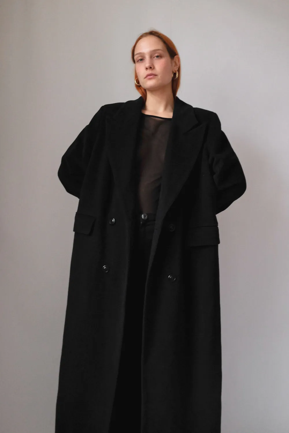 PURE CASHMERE WOOL BLACK LONG BLAZER COAT