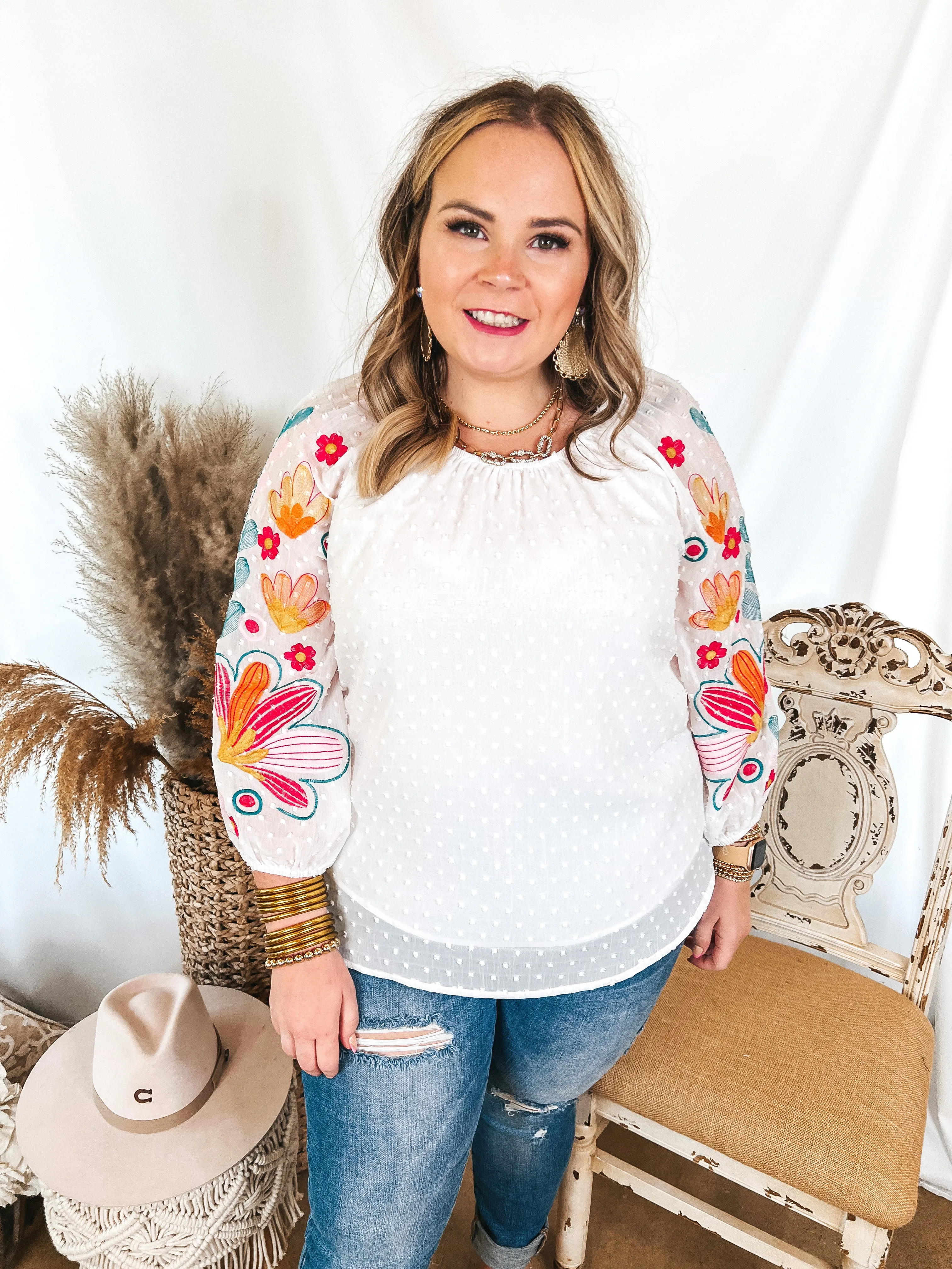 Right About You Floral Embroidered 3/4 Sleeve Top in White