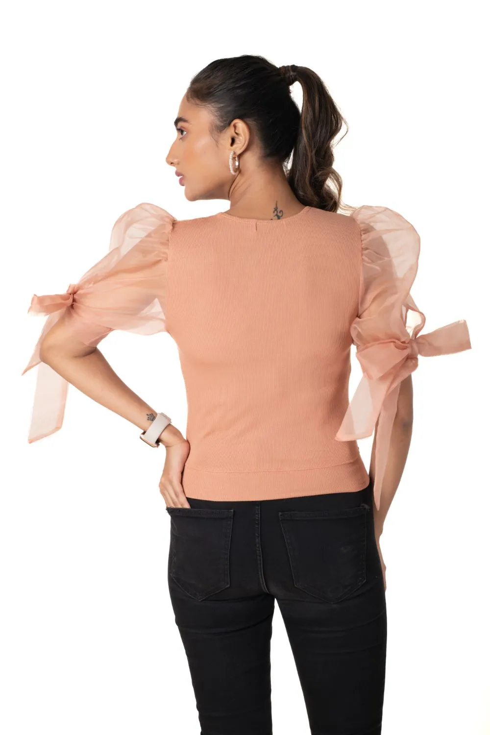 Round neck Blouses with Bow Tied-up Sleeves