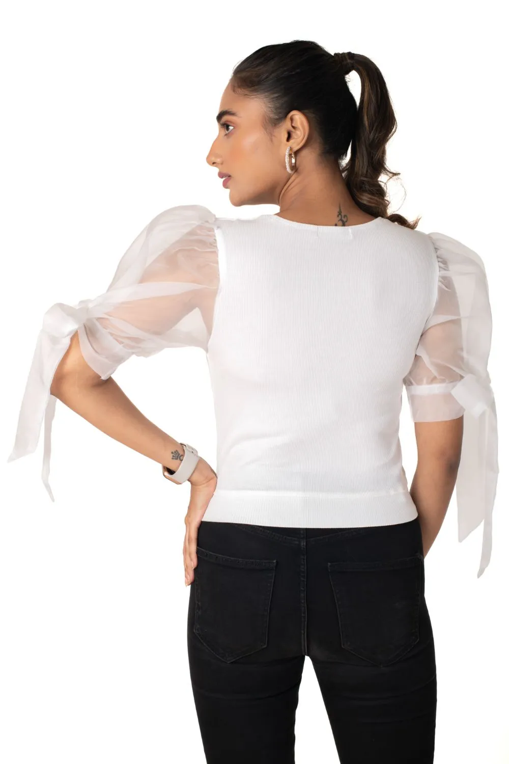 Round neck Blouses with Bow Tied-up Sleeves