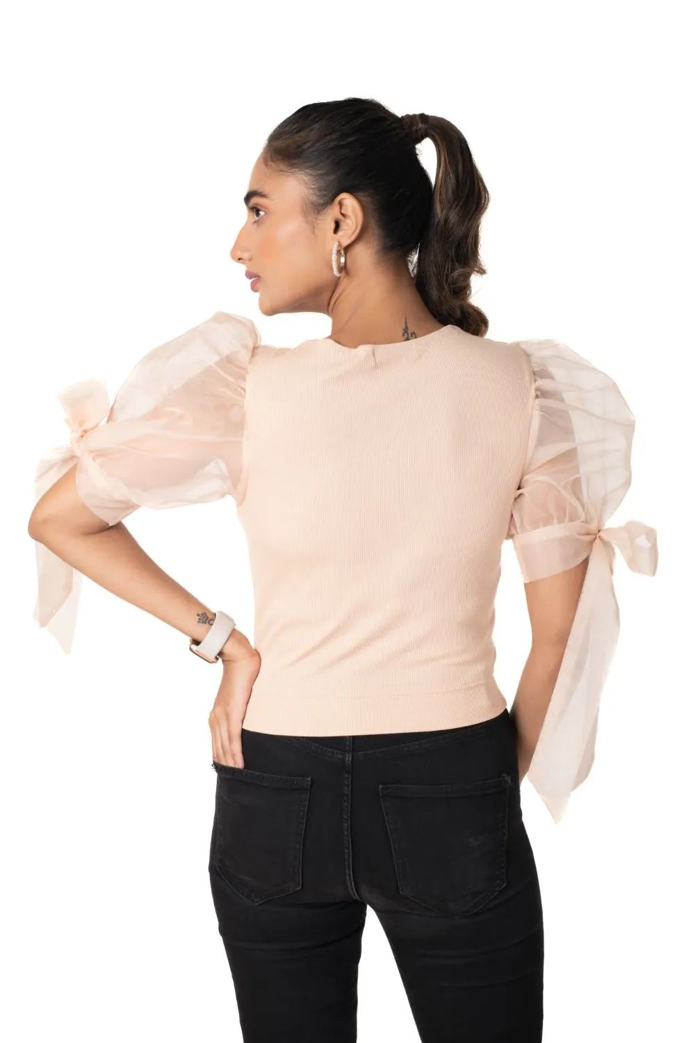 Round neck Blouses with Bow Tied-up Sleeves