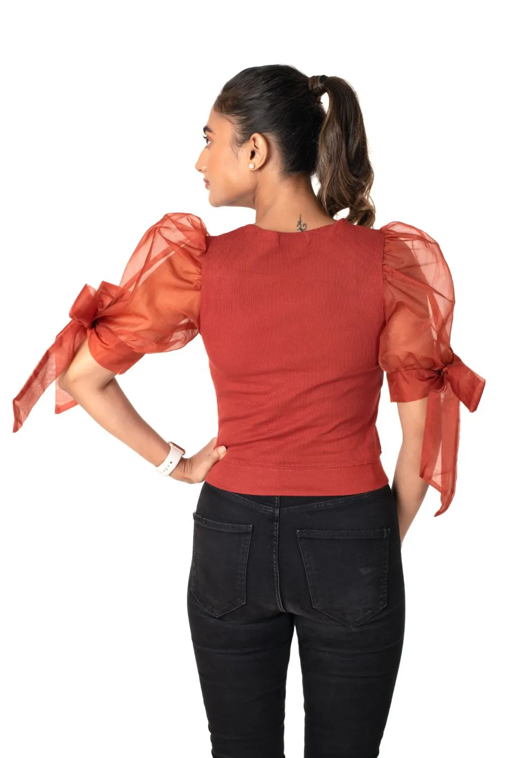 Round neck Blouses with Bow Tied-up Sleeves