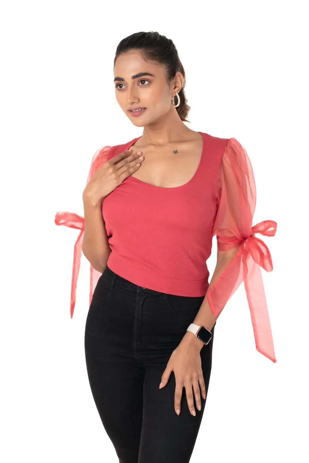 Round neck Blouses with Bow Tied-up Sleeves