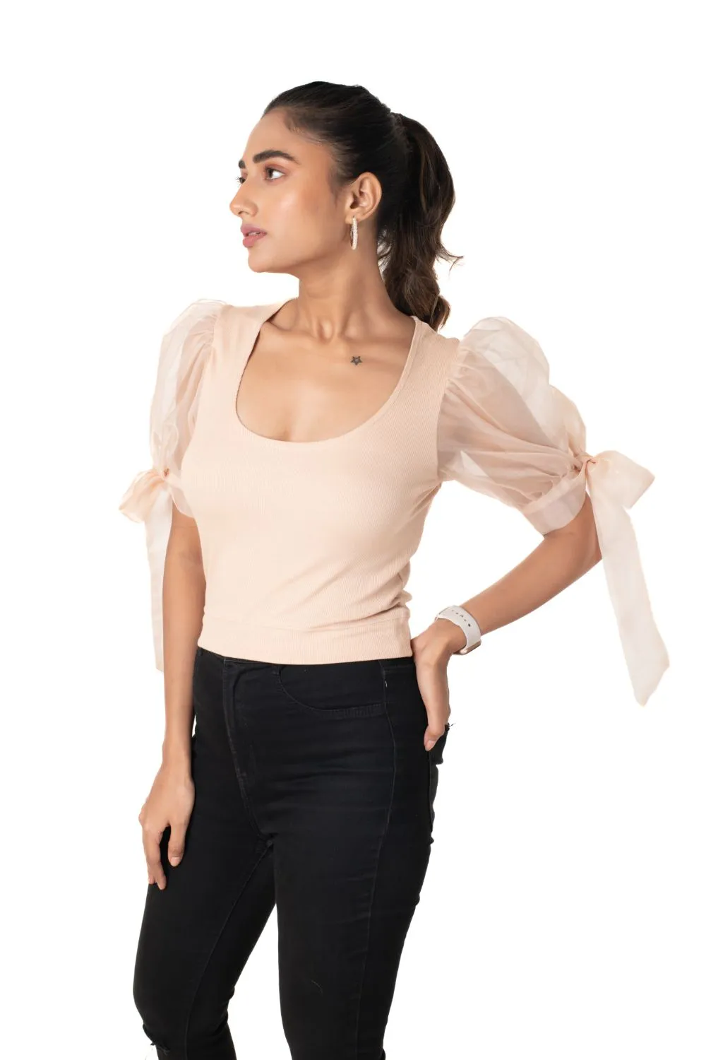 Round neck Blouses with Bow Tied-up Sleeves