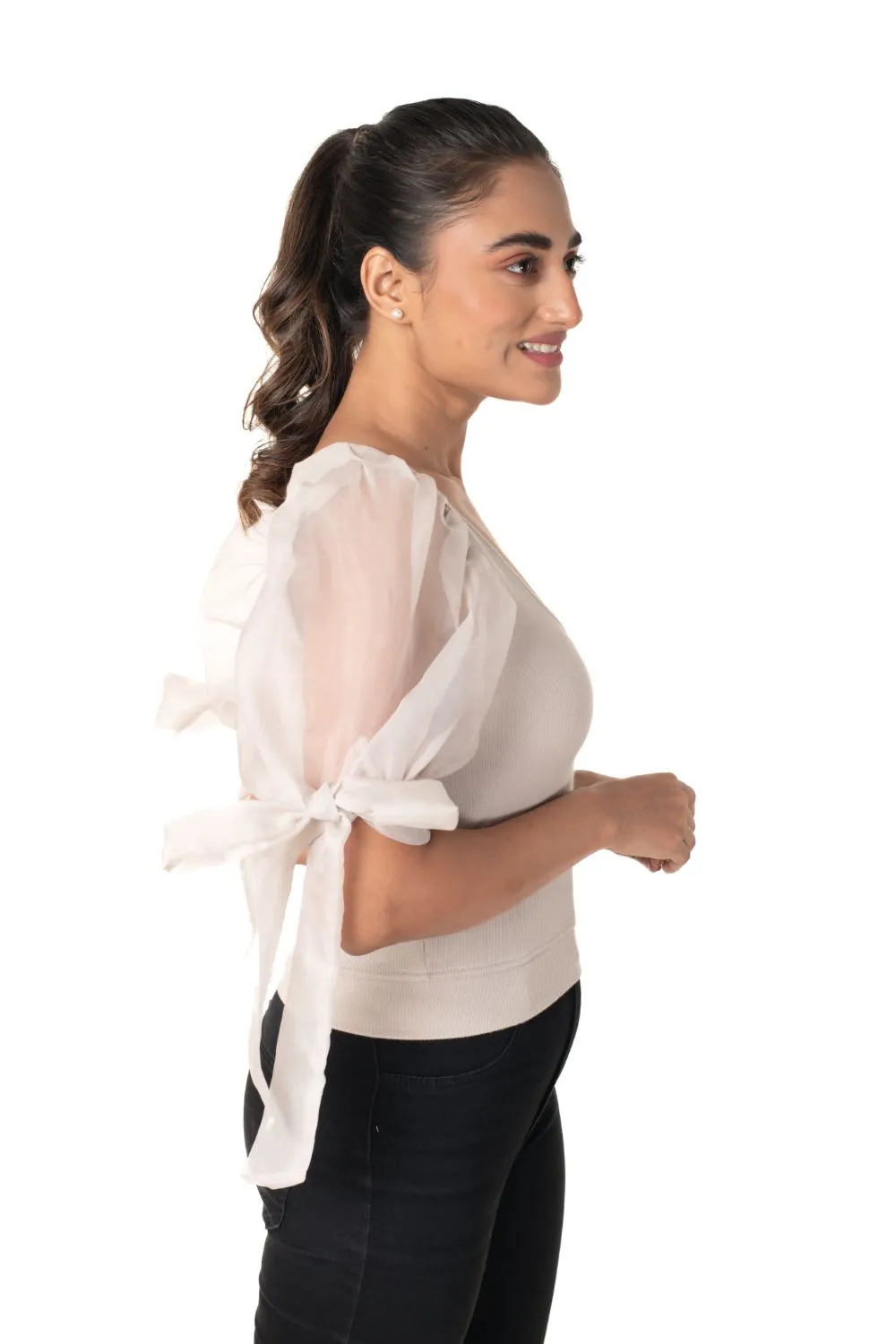 Round neck Blouses with Bow Tied-up Sleeves