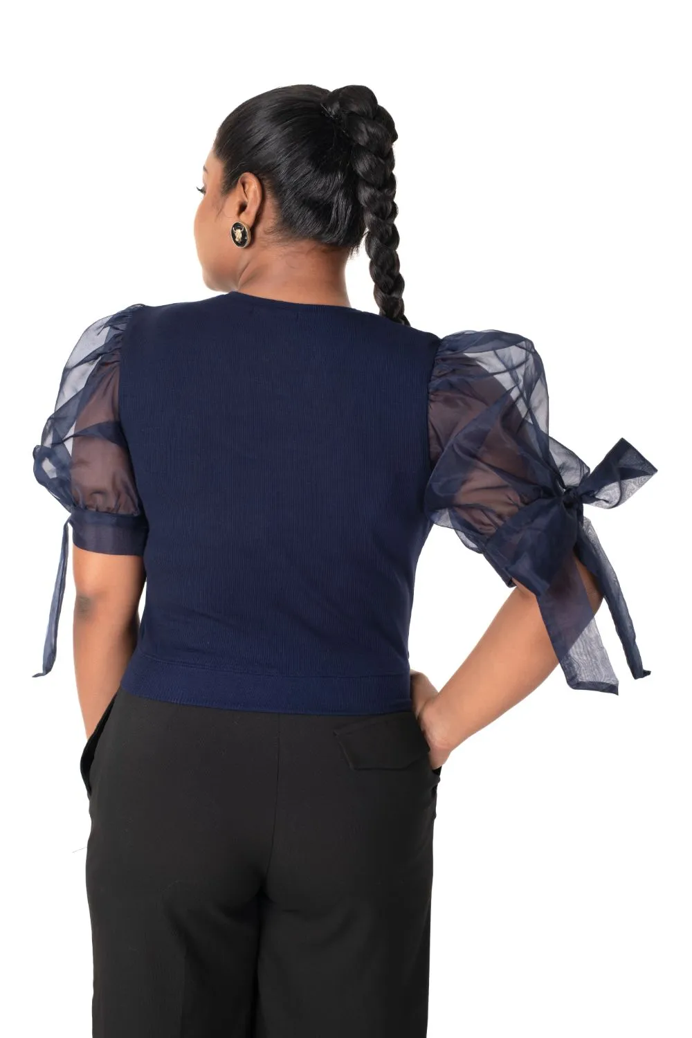 Round neck Blouses with Bow Tied-up Sleeves