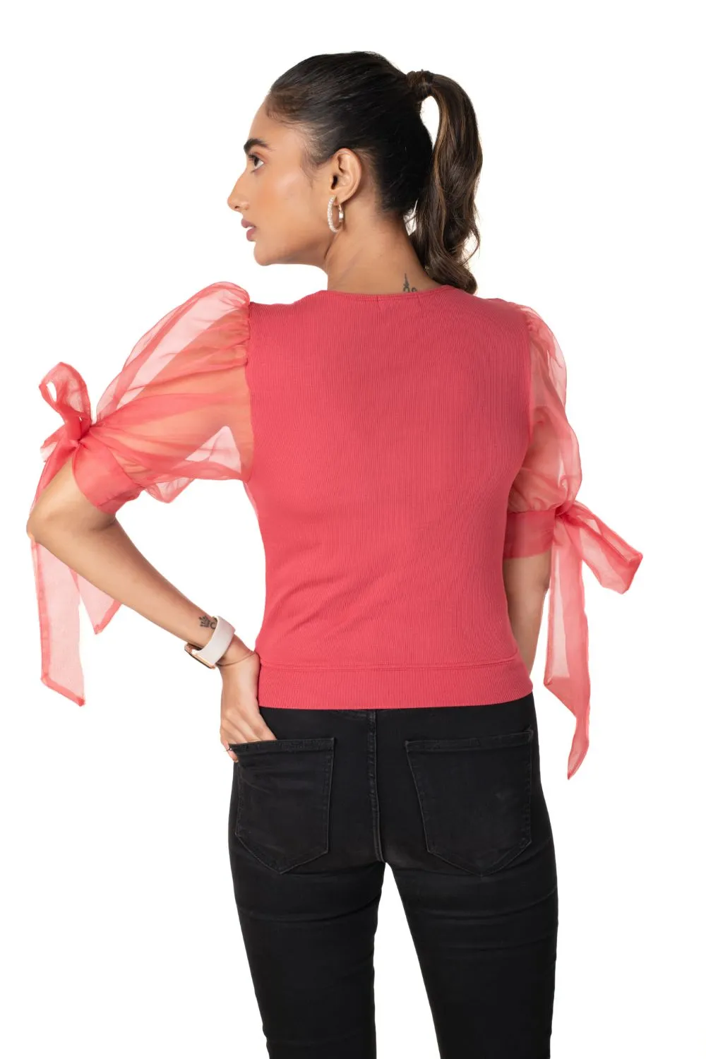 Round neck Blouses with Bow Tied-up Sleeves