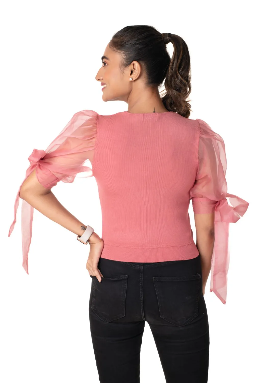 Round neck Blouses with Bow Tied-up Sleeves