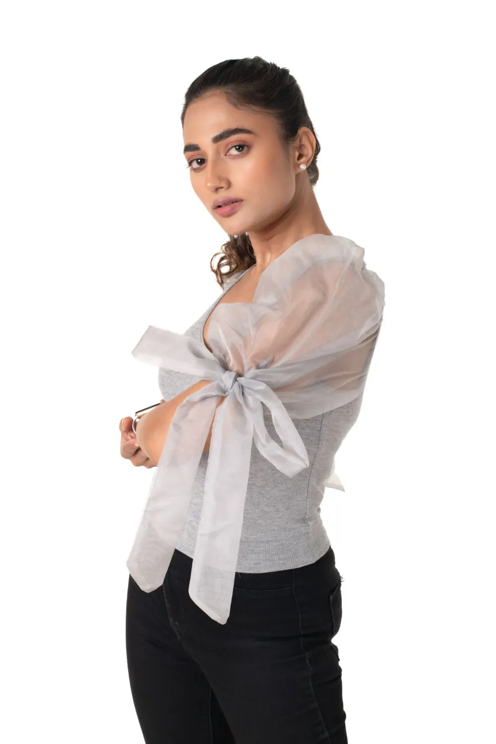 Round neck Blouses with Bow Tied-up Sleeves