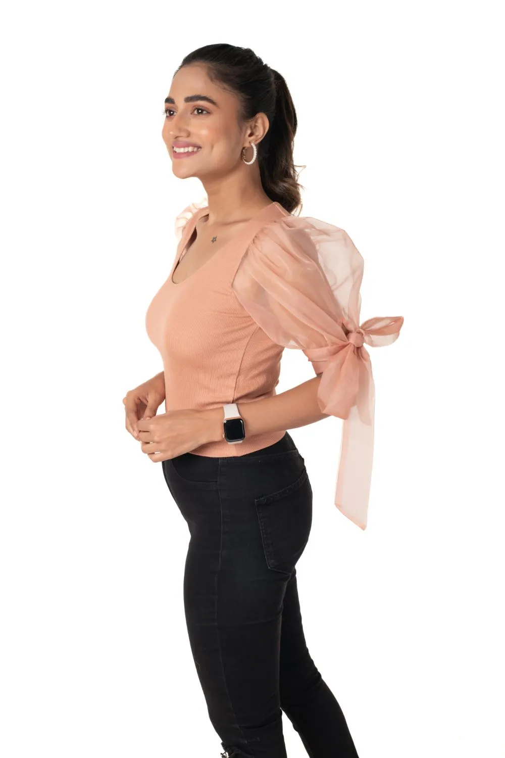 Round neck Blouses with Bow Tied-up Sleeves