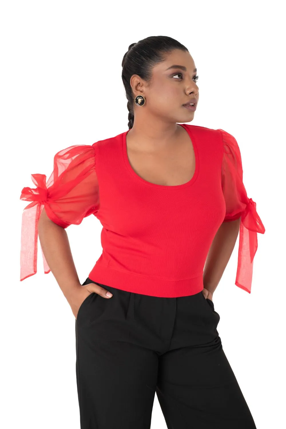 Round neck Blouses with Bow Tied-up Sleeves