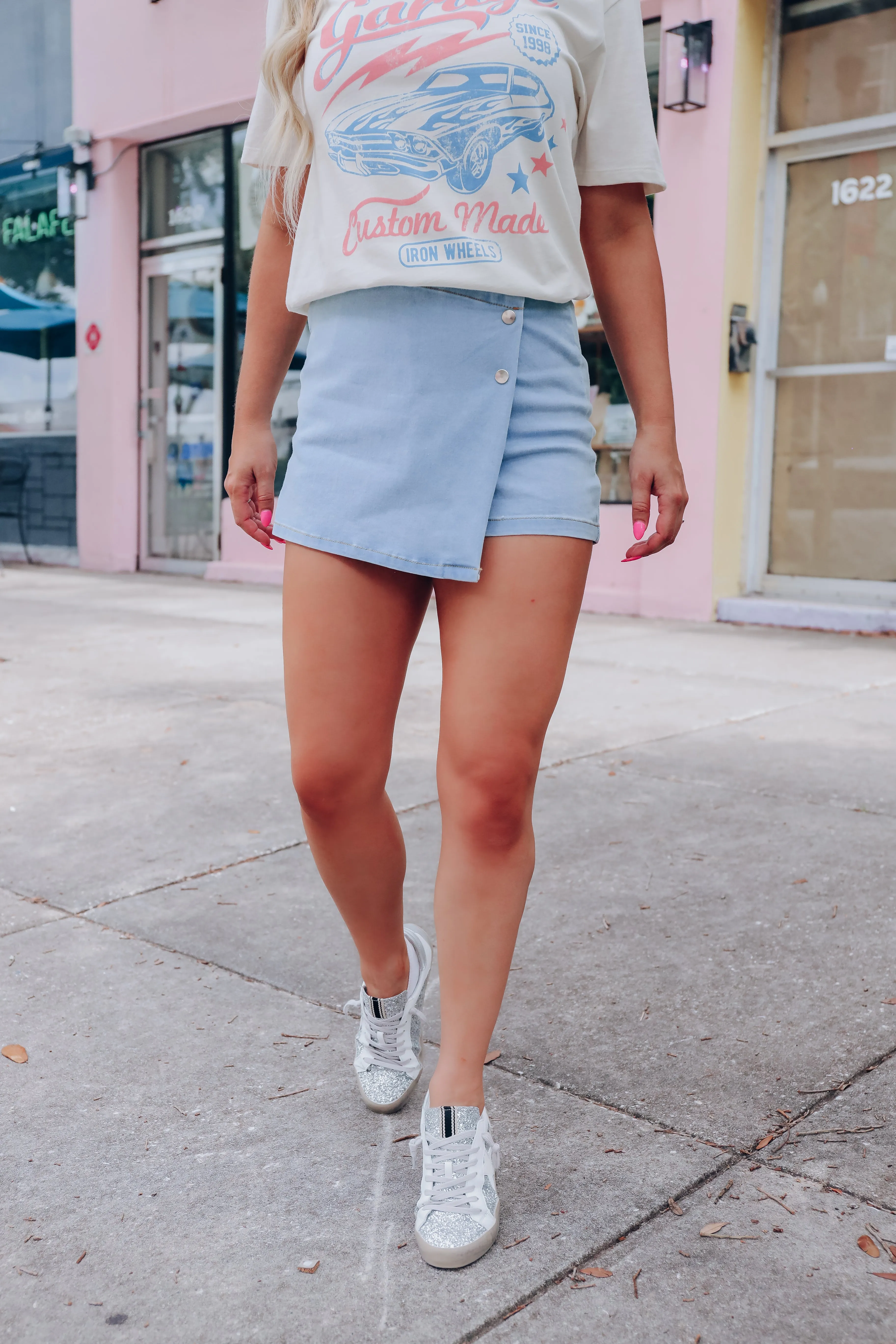 Sinclaire Side Wrap Denim Skorts - Light Blue