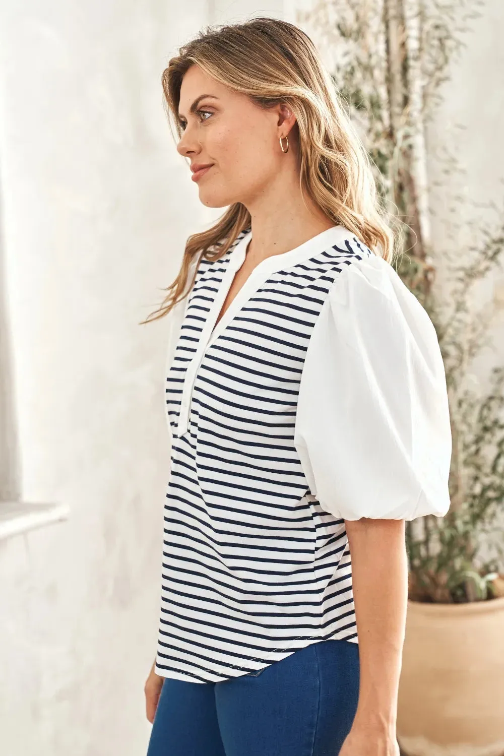 Striped Contrast Puff Sleeve Top