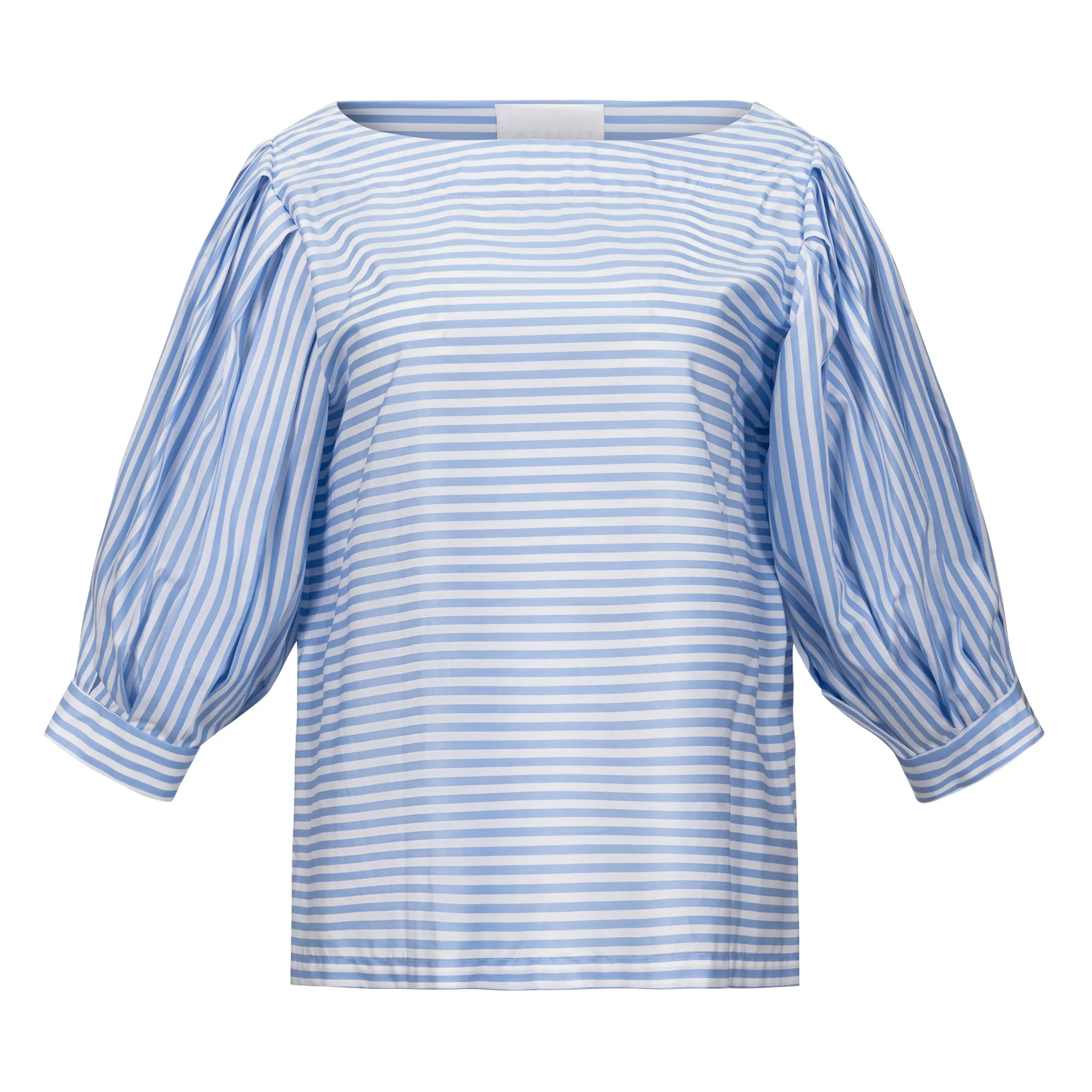 Striped Puff Sleeve Blouse - Light Blue   White