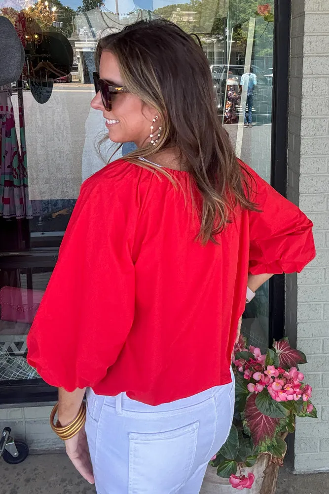 THML-Puff Sleeve Poplin Top-Red