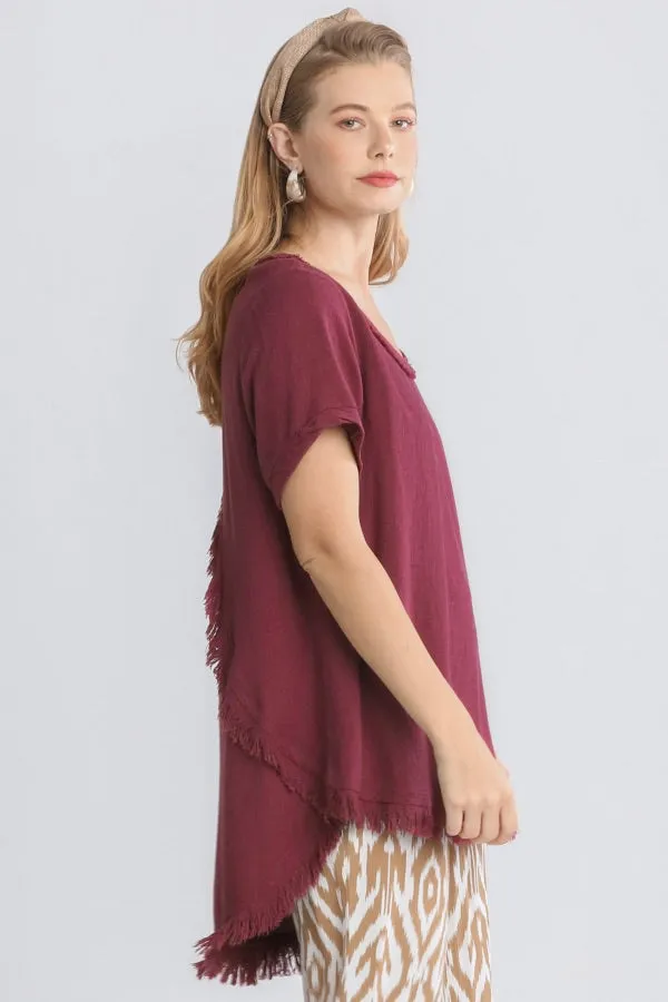 Umgee - High Low Top with Frayed Hem, Sangria