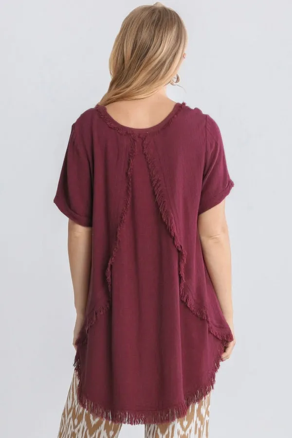 Umgee - High Low Top with Frayed Hem, Sangria