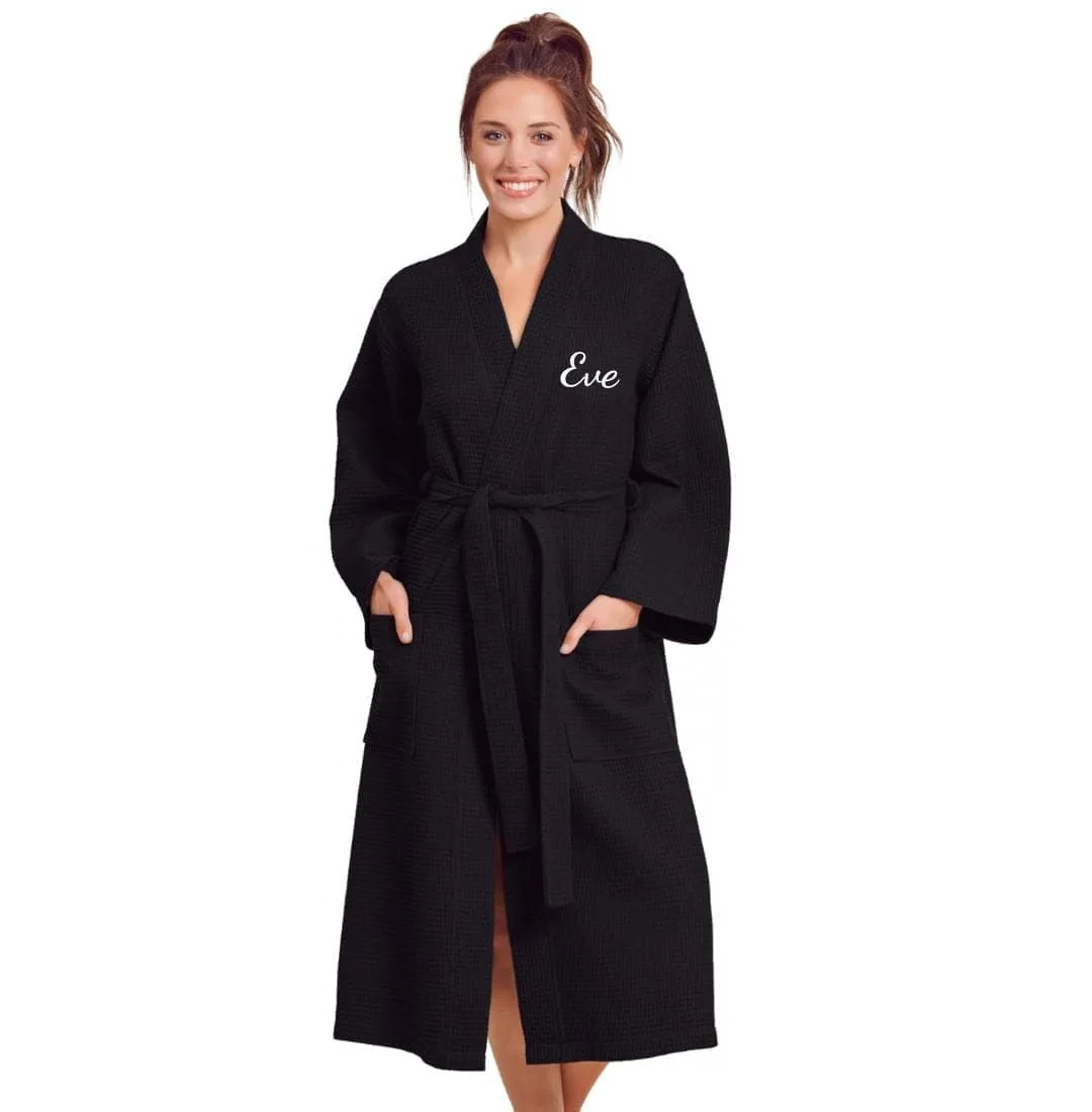 Women's Long Cotton Turkish Waffle Bathrobe, Kimono Style, Comfortable & Absorbent (Black)