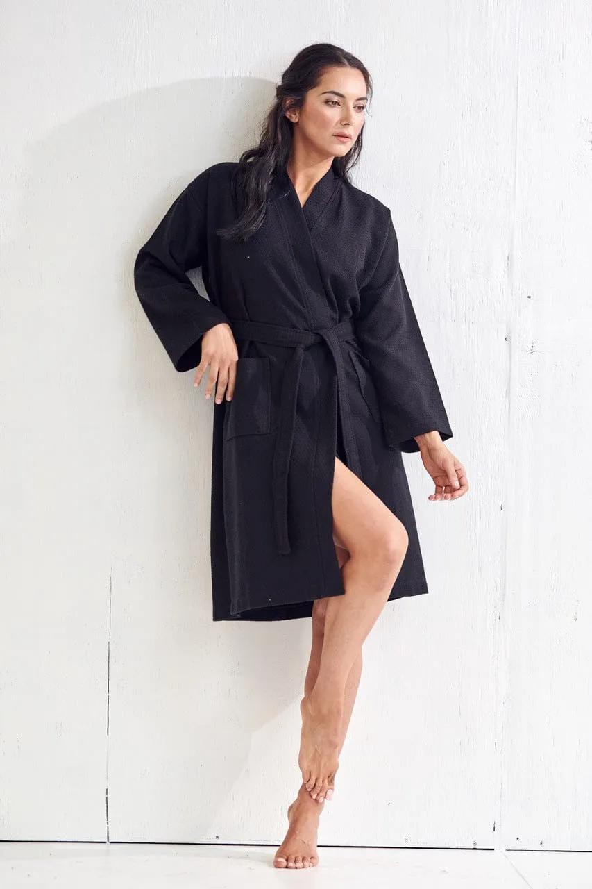 Women's Long Cotton Turkish Waffle Bathrobe, Kimono Style, Comfortable & Absorbent (Black)