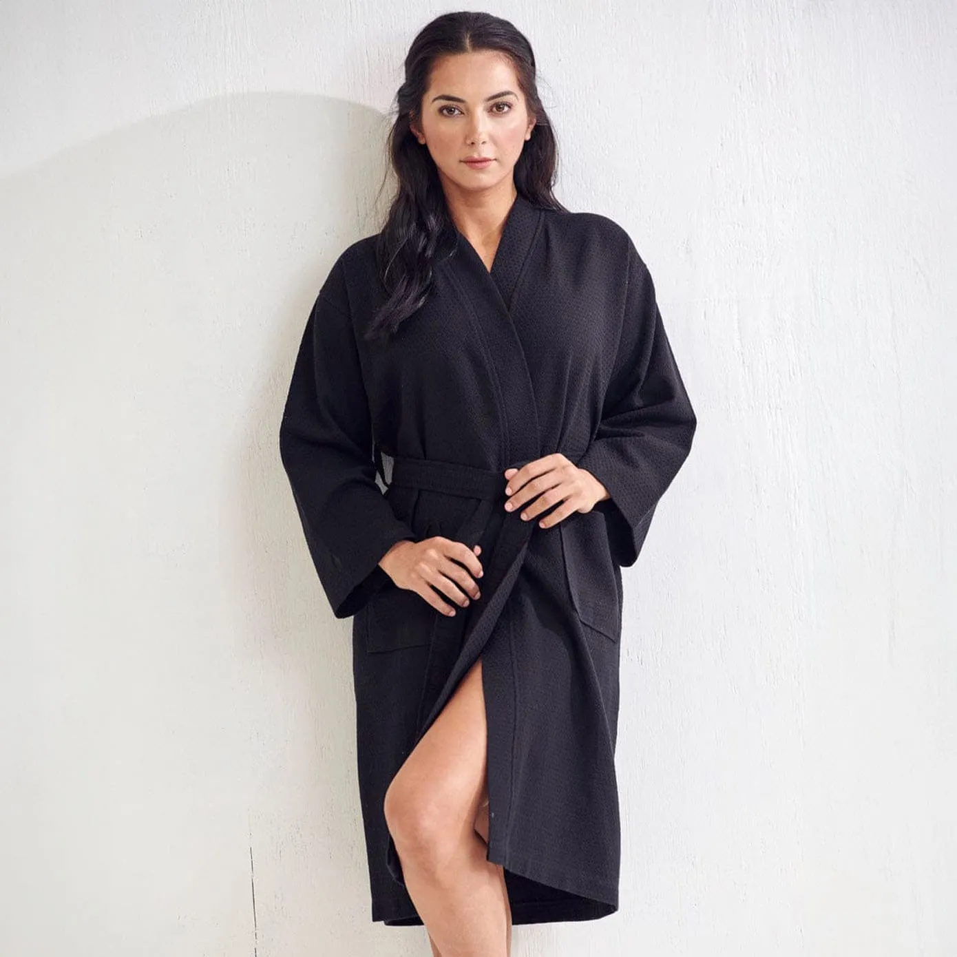 Women's Long Cotton Turkish Waffle Bathrobe, Kimono Style, Comfortable & Absorbent (Black)