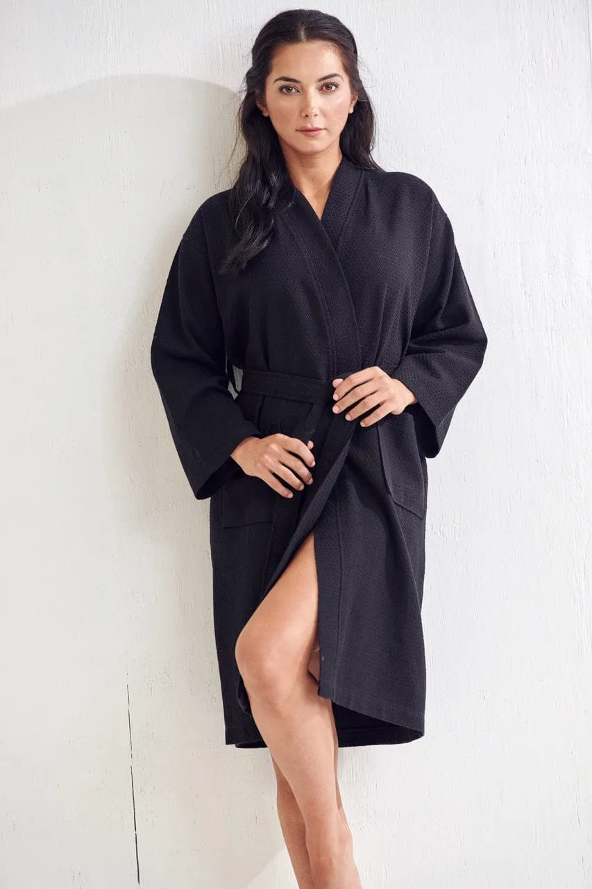 Women's Long Cotton Turkish Waffle Bathrobe, Kimono Style, Comfortable & Absorbent (Black)