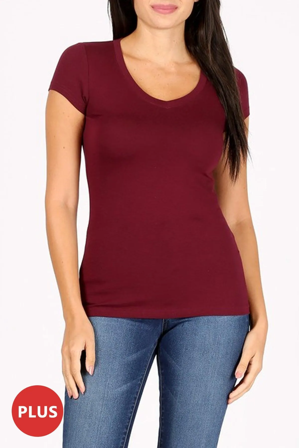 Women's Plus size Solid Basic Short Sleeve V-Neck Top