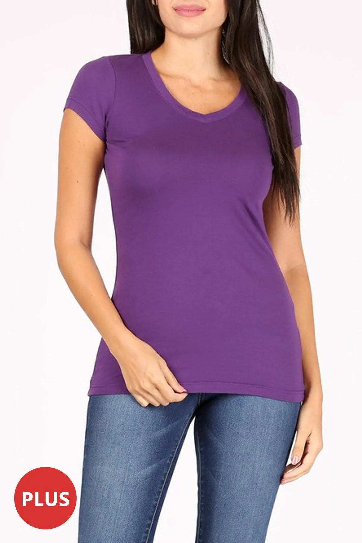 Women's Plus size Solid Basic Short Sleeve V-Neck Top