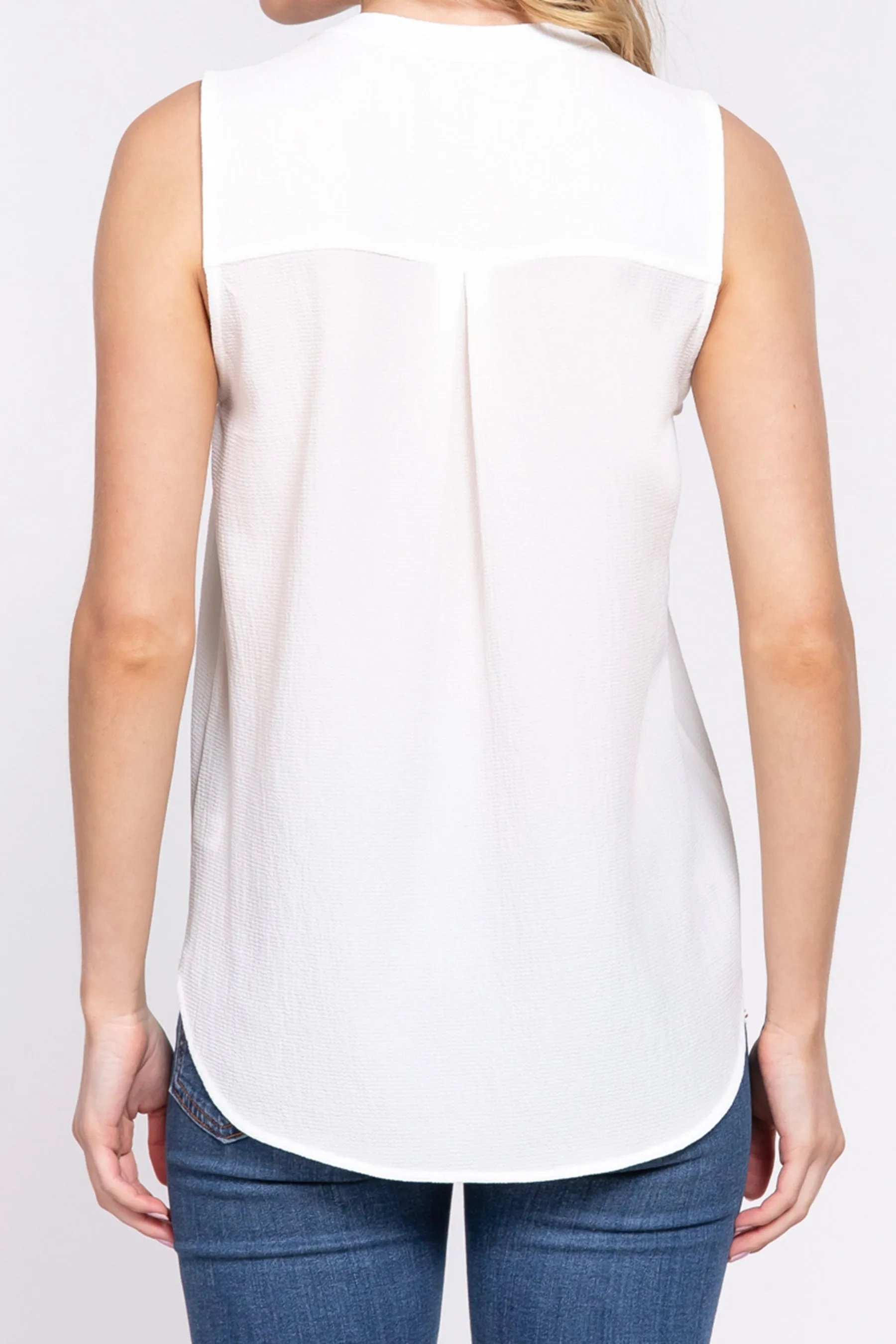 Women's Sleeveless Henley Neck Woven Top